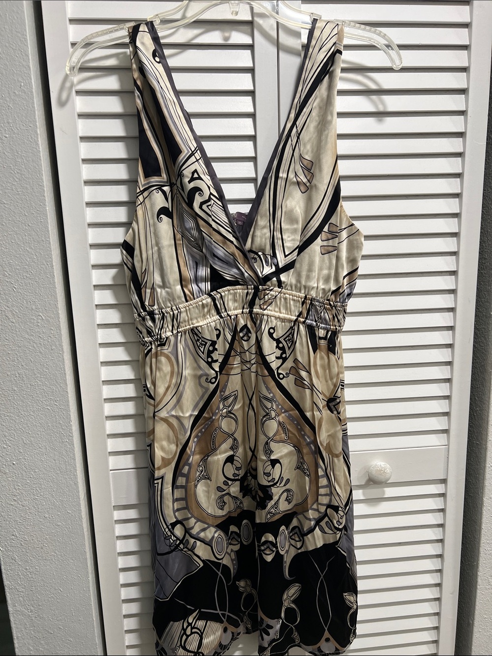 Silk V-Neck Dress in Beige, Gray, Cream and Black